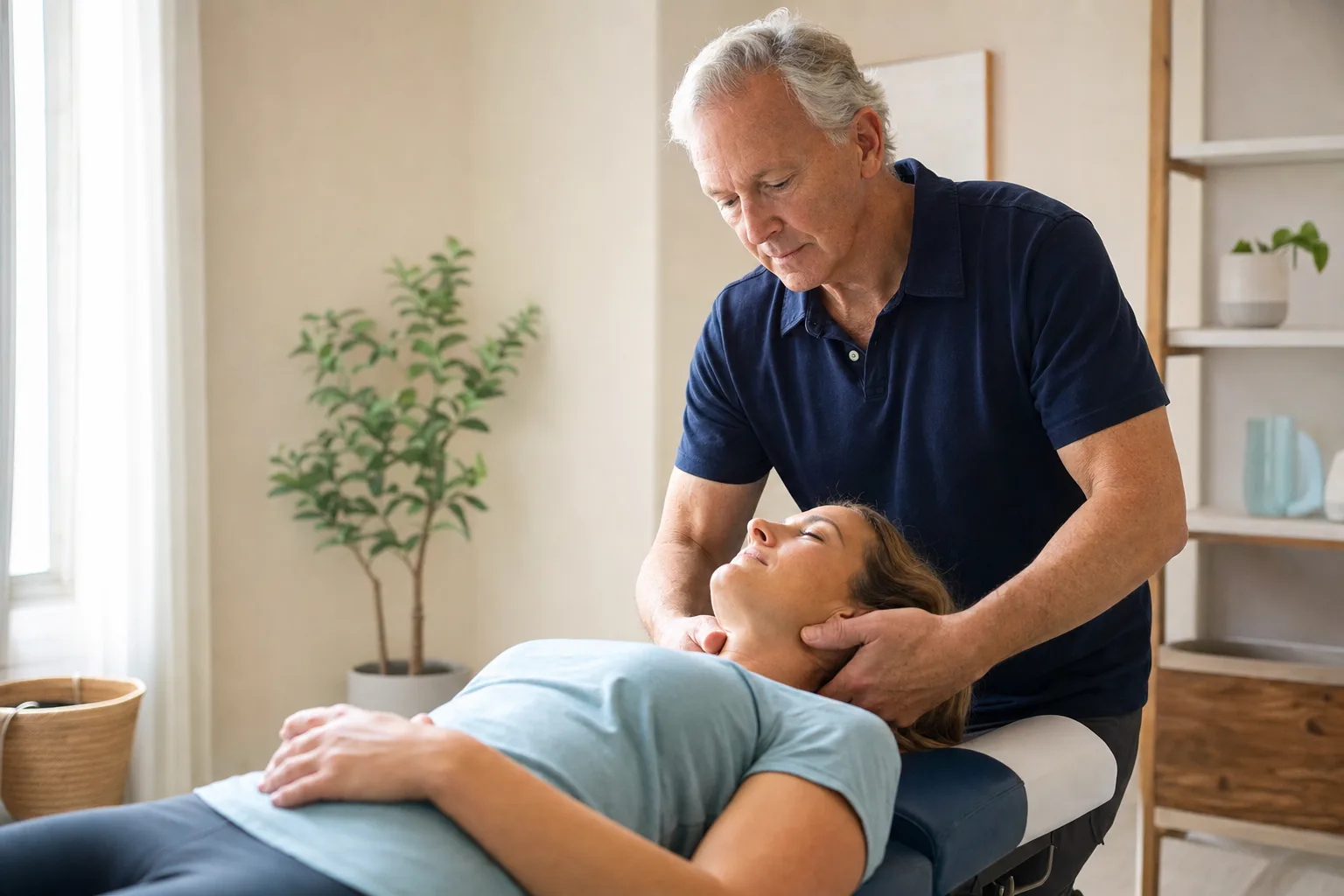 Dr. Leonard Fox gently adjusting a patient in a calm, sunlit treatment room